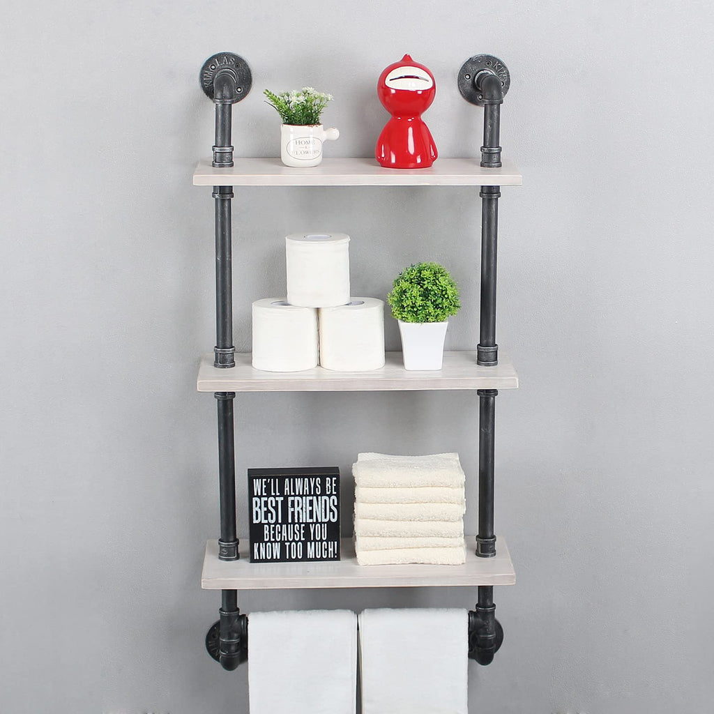 MBQQ Industrial Pipe Shelf Bathroom Shelves Wall Mounted,19.6in Rustic Wood Shelf with Towel Bar,1 Tier Farmhouse Towel Rack,Pipe Shelving Floating Shelves Towel Holder,Black & White