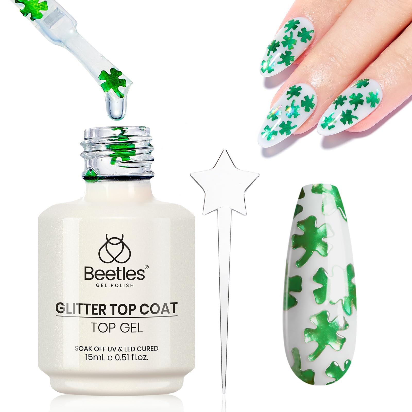 Beetles Heart Gel Top Coat 15ml - Hema Free Glitter Shine No Wipe Top Coat Long-Lasting for Gel Polish, Pink Heart Sparkle Soak Off UV LED Gift for Women