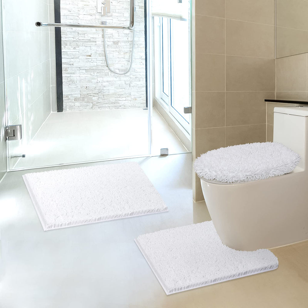 TREETONE Chenille Bath Mat 3 Pieces Bathroom Rugs Set, 20x20 Inches U-Shape Contoured Toilet Mat & 20x32 Inches Rug & Lid Cover,Water Absorbent Plush Rugs for Tub Shower & Bath Room -Beige