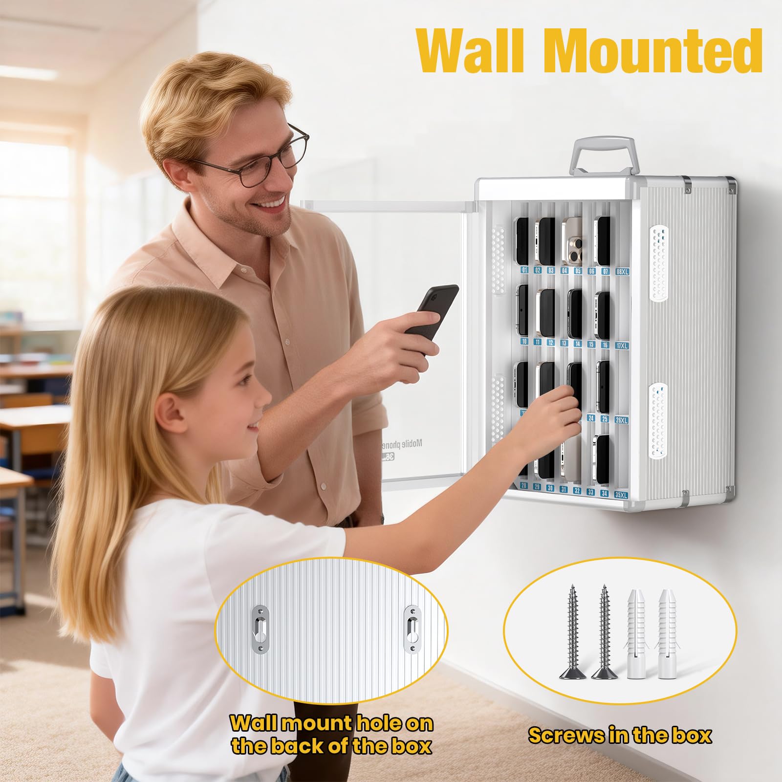 Glosen Cell Phone Locker 24 Slots, Portable Phone Storage Cabinet [Wall Mounted] [Silver 24 Slots-Universal Key ] Aluminum Alloy Cellphone Lock Box with Key & Handle for School Classroom Office Exam