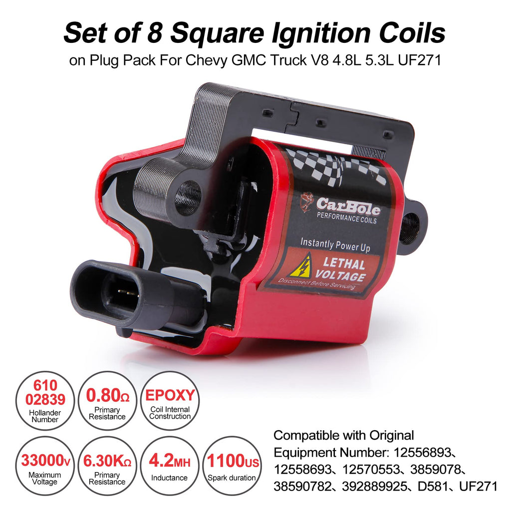 BANG4BUCK 8Pcs UF271 D581 Ignition Coil Pack Compatible With Cadillac Chevy GMC Sierra Suburban Escalade Avalanche Silverado 4.8L 5.3L 6.0L 8.1L (SQUARE)