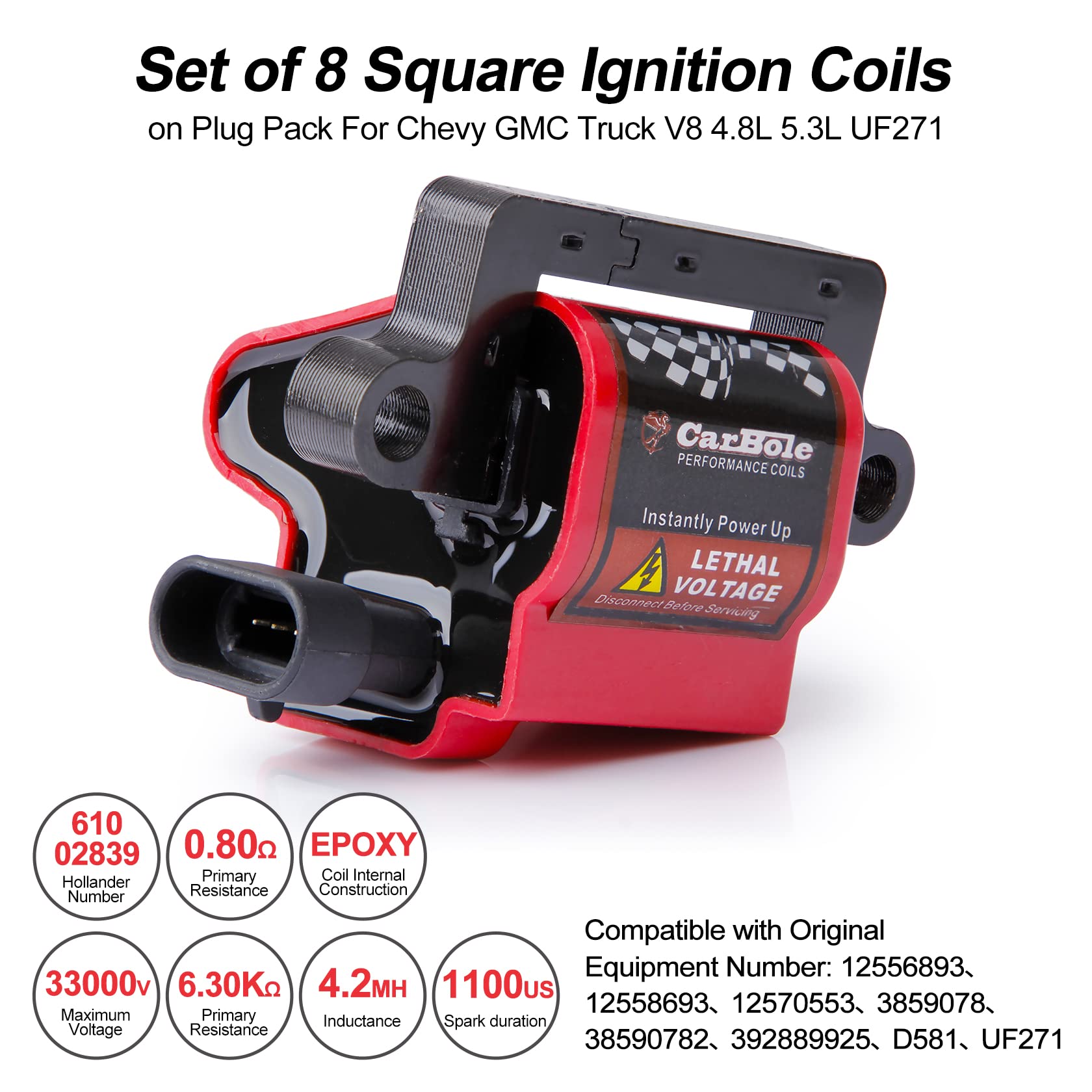 BANG4BUCK 8Pcs UF271 D581 Ignition Coil Pack Compatible With Cadillac Chevy GMC Sierra Suburban Escalade Avalanche Silverado 4.8L 5.3L 6.0L 8.1L (SQUARE)