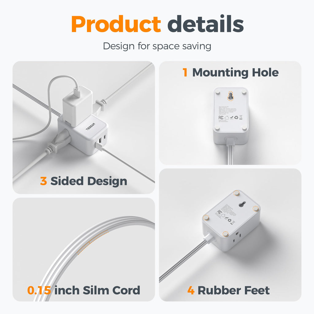 TESSAN Small Flat Plug Power Strip, Ultra Thin Extension Cord 5 ft, 3 AC Outlets with 3 USB Ports (1 USB C), Multiple Wall Outlet Extender for Cruise Travel Office School Dorm Room Essentials, Black