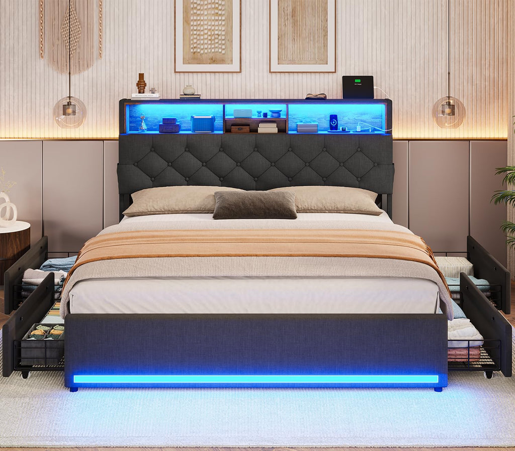 BTHFST Twin Bed Frames with Headboard & 4 Drawers, LED Bed Frame Twin with Charging Station, Upholstered and Metal Twin Bed with Storage, No Box Spring Needed, Black PU
