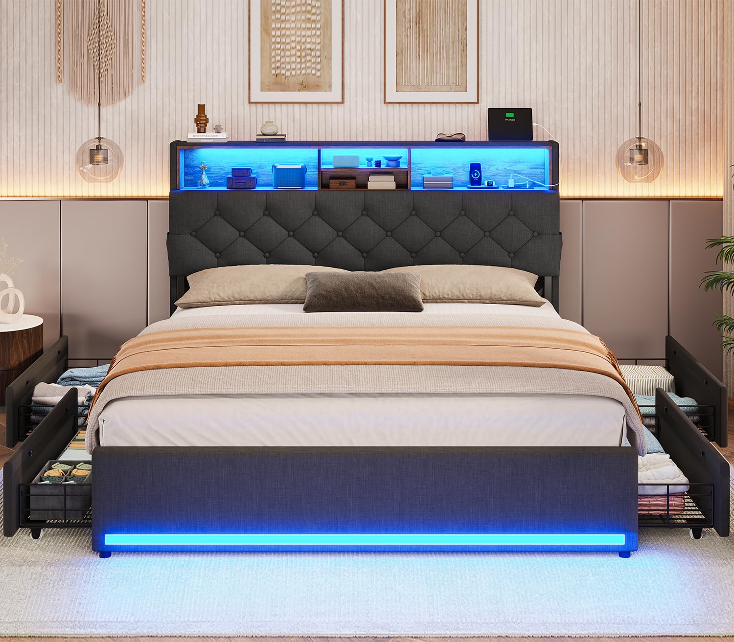 BTHFST Twin Bed Frames with Headboard & 4 Drawers, LED Bed Frame Twin with Charging Station, Upholstered and Metal Twin Bed with Storage, No Box Spring Needed, Black PU