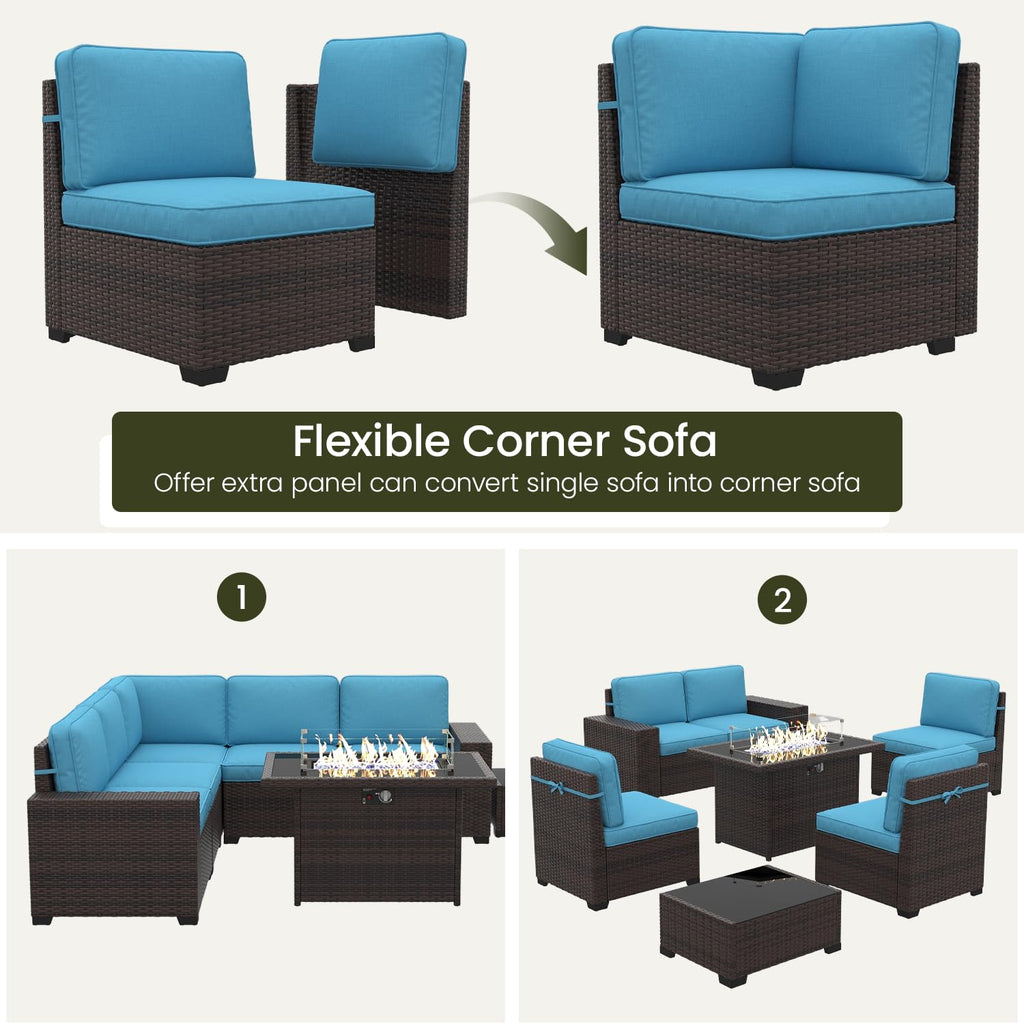 LayinSun 7 Pieces Outdoor Patio Furniture Set with 44" Fire Pit Table Rattan Sectional Sofa Conversation Sets