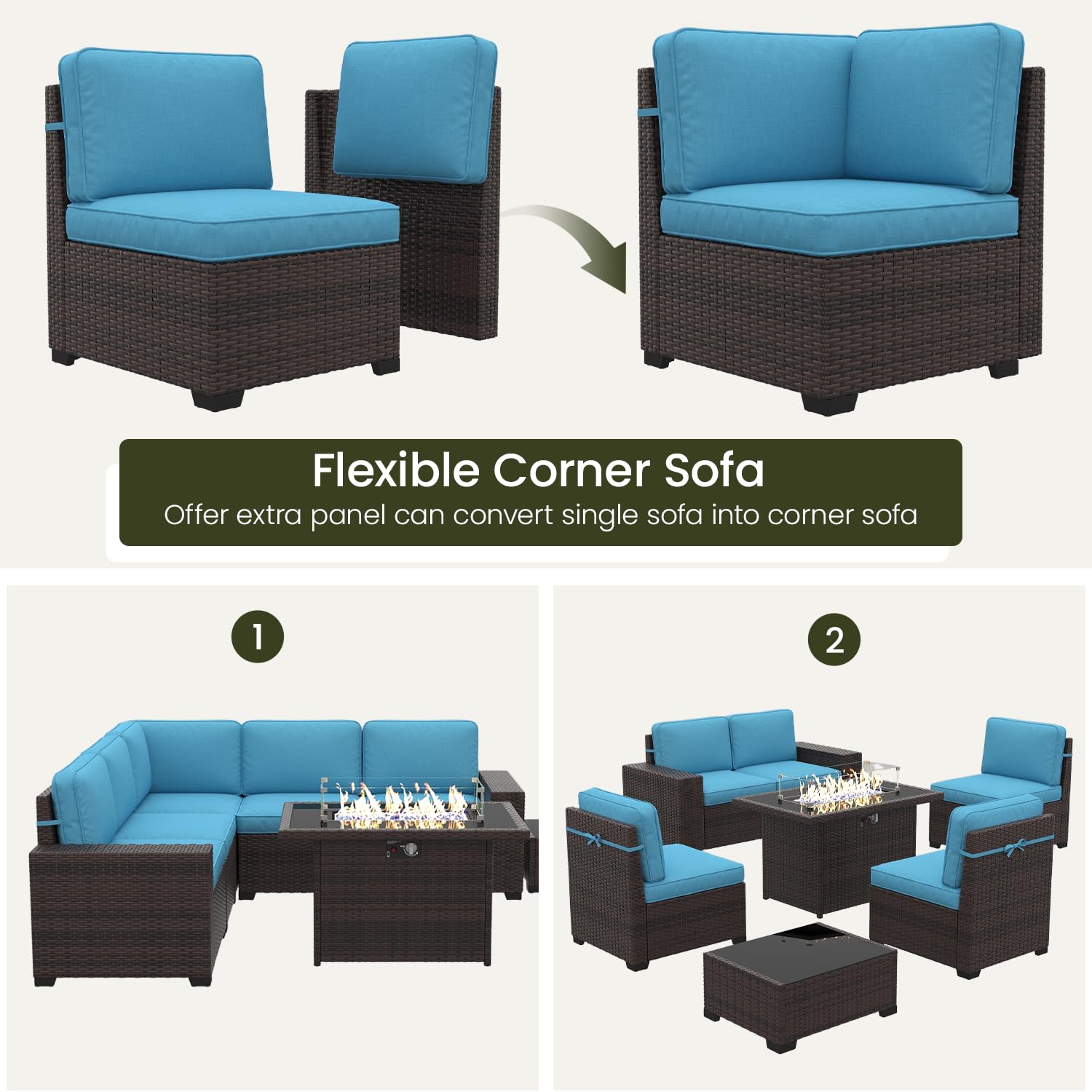 LayinSun 7 Pieces Outdoor Patio Furniture Set with 44" Fire Pit Table Rattan Sectional Sofa Conversation Sets