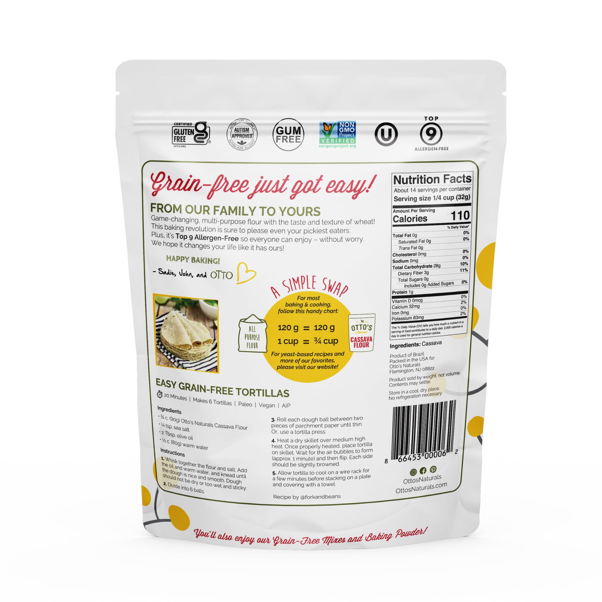 Otto's Naturals Multi-Purpose Cassava Flour, Non-GMO, Gluten-Free, Grain, Nut and Gum-Free, 1-to-1 Wheat Alternative, Paleo, AIP, 1 lb