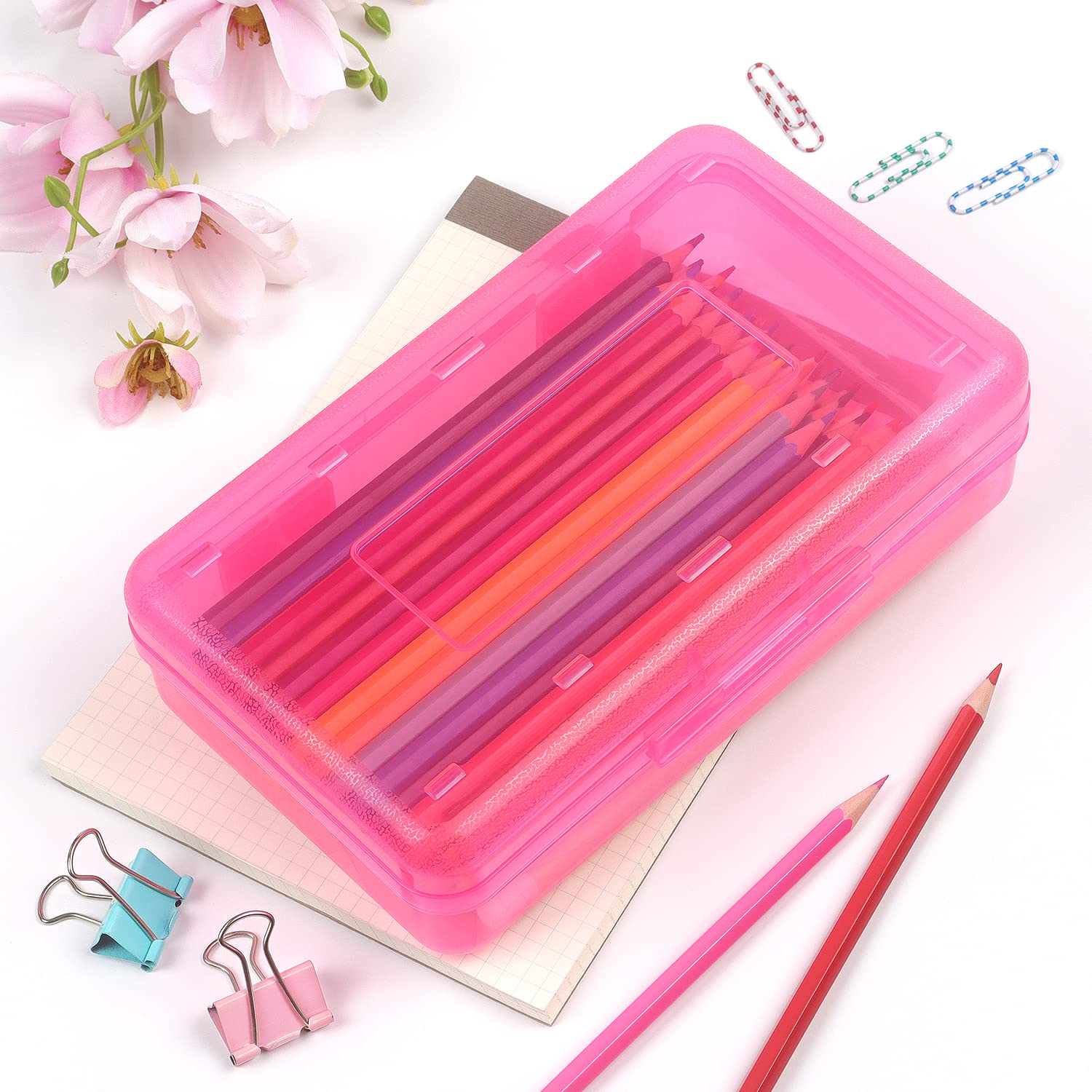 Tamaki 1 Pack Plastic Pencil Box Large Capacity Pencil Boxes Clear Boxes with Snap-tight Lid Stackable Design and Stylish Office Supplies Storage Organizer Box, Black