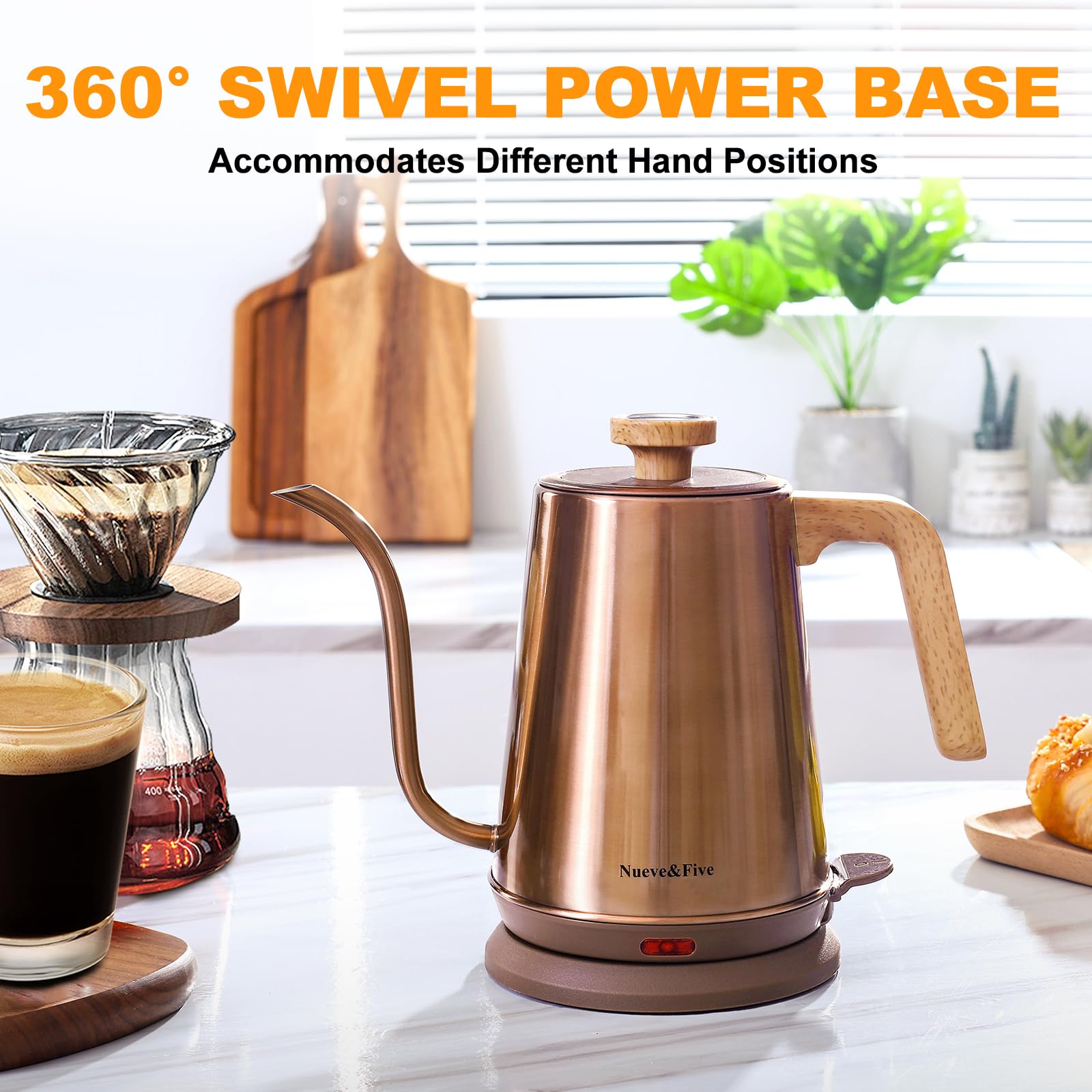 Nueve&Five Gooseneck Electric Kettle with Thermometer， Black Electric Kettle 1L with Auto Shut-Off，1000W Hot Water Kettle of Stainless Steel， Pour Over Kettle for Coffee & Tea