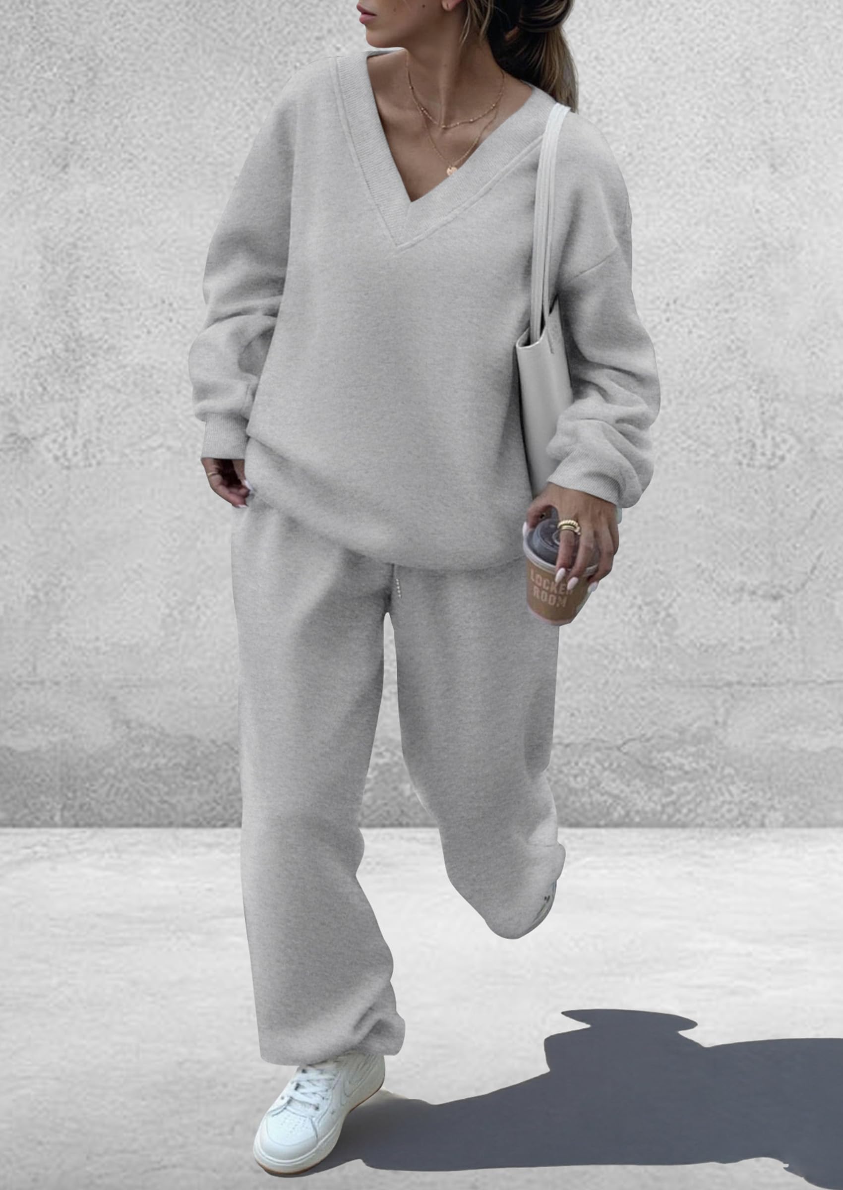 PRETTYGARDEN Casual Winter Two Piece Sets for Women 2026 V Neck Sweatshirt Loose Wide Leg Pants Tracksuit Knit Fall Outfits