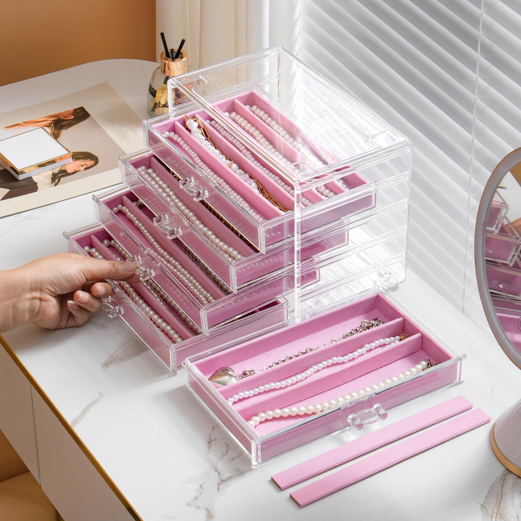 YUFONG Necklace Holder Organizer, Dustproof Necklace Box Velvet Necklace Organizer Box with Lid Clear Acrylic Dustproof Stackable Jewelry Displays for Necklaces Chain Display (Beige, 3 Drawer)