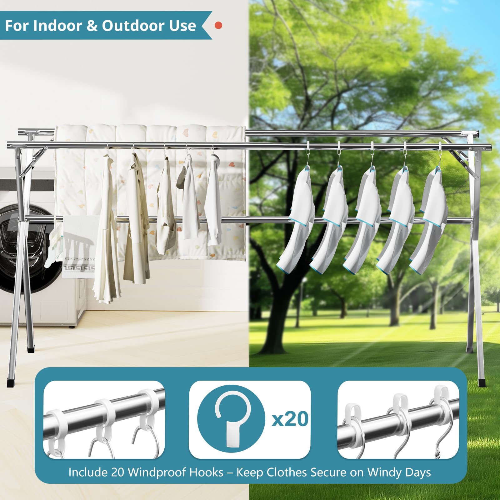 JAUREE 95 Inches Clothes Drying Rack, Drying Rack Clothing Folding Indoor Outdoor, Heavy Duty Stainless Steel Laundry Drying Rack, Foldable Portable Clothes Rack Garment Rack with 20 Hooks Black