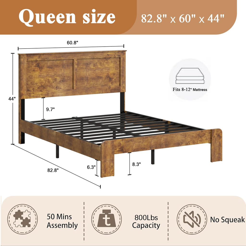 Wooden Bed Frame Full Size with Headboard, Farmhouse Platform Bedframe with Wood Slat Support, Sturdy Framework Bed Frame, Easy Assembly (Rustic Black)