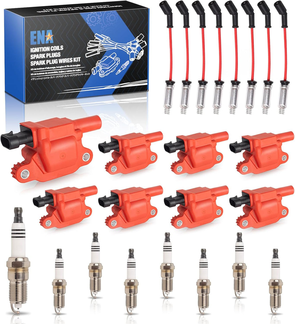 ENA Set of 8 Red Square Ignition Coil Pack and 7mm Red Wires Set with Platinum Spark Plug Compatible with Chevy GMC Avalanche Impala Silverado Express Sierra 1500 Yukon 4.8L 5.3 Replacement for UF413