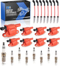 ENA Set of 8 Red Square Ignition Coil Pack and 7mm Red Wires Set with Platinum Spark Plug Compatible with Chevy GMC Avalanche Impala Silverado Express Sierra 1500 Yukon 4.8L 5.3 Replacement for UF413