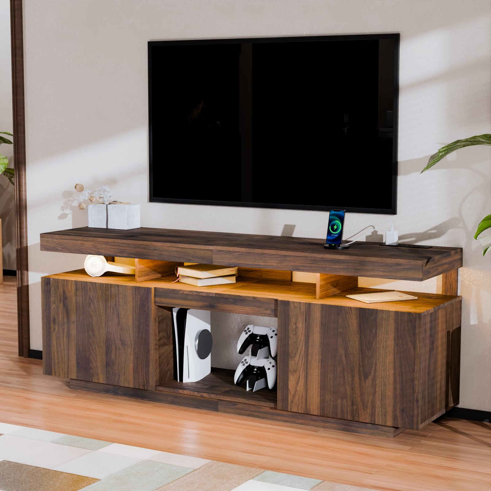 HOMMPA Modern LED TV Stand for 55 Inch TV, Black Tall TV Console with Power Outlet, Entertainment Center with Storage, High Gloss Gaming Media Console Cabinet for Living Room (47 Inch)