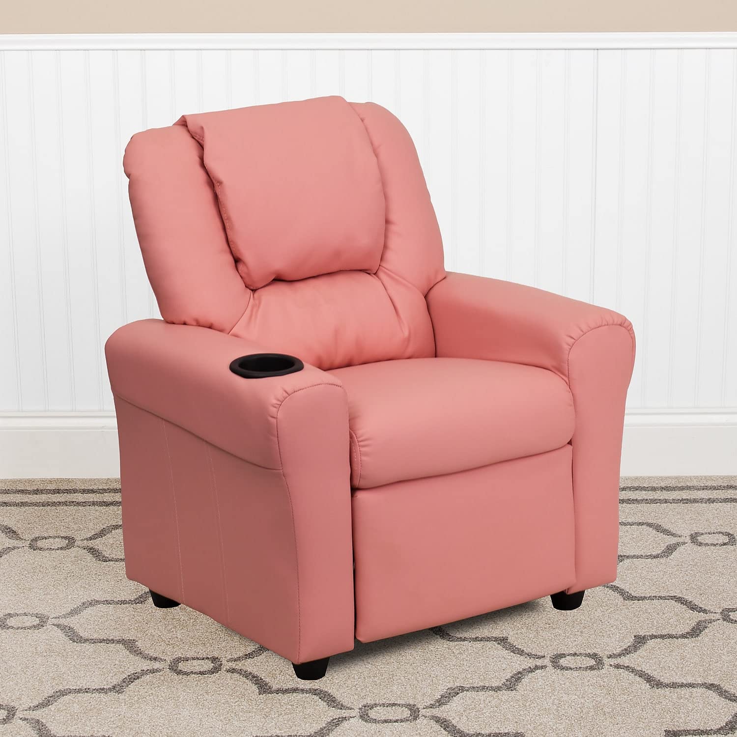 Flash Furniture Vana Vinyl Kids Recliner with Cup Holder, Headrest, and Safety Recline, Contemporary Reclining Chair for Kids, Supports up to 90 lbs., Beige