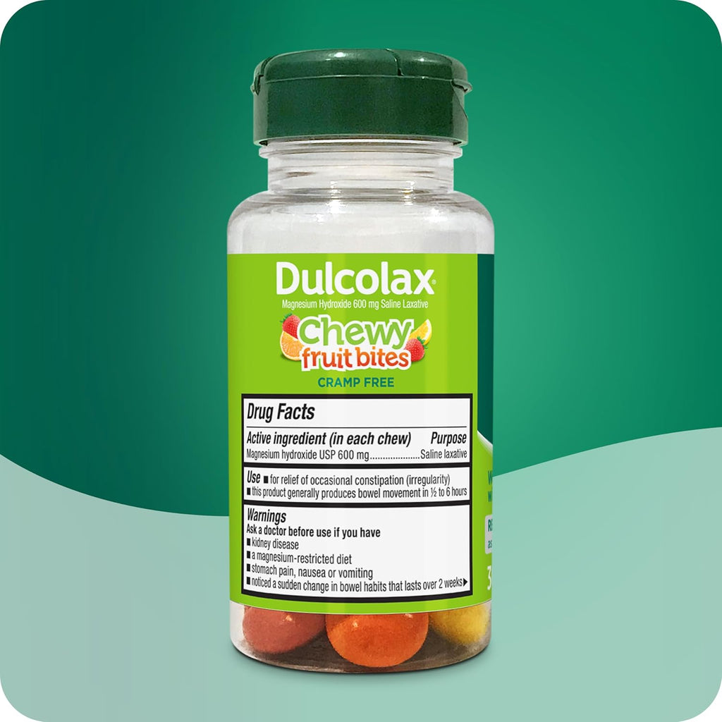Dulcolax Saline Laxative Chewy Fruit Bites, Fast Acting Laxative & Gentle Constipation Relief, Assorted Fruit Flavor, Magnesium Hydroxide 600 mg, 30 Count