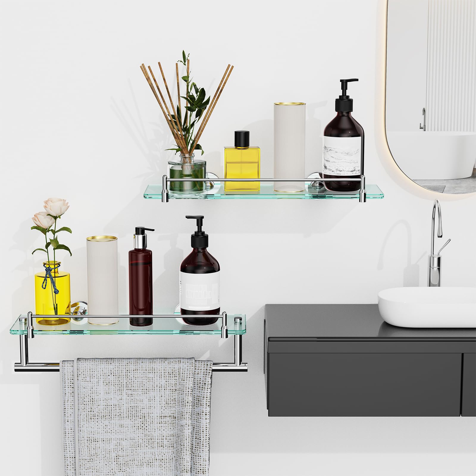 Glass Bathroom Shelves,Brushed Gold Floating Shelves for Wall Rectangular Modern Stainless Steel Glass Shelf for Bathroom Shelves wall Mounted 16 Inch
