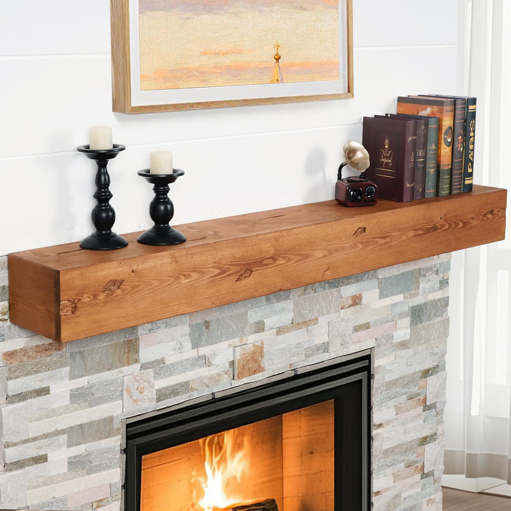 G GOOD GAIN Fireplace Mantel 54inch - Handmade Rustic Wood Mantel for Over Fireplace | Wall Mounted Floating Mantle Shelves for Living Room Decor(Chocolate, 54Lx5Hx8D)