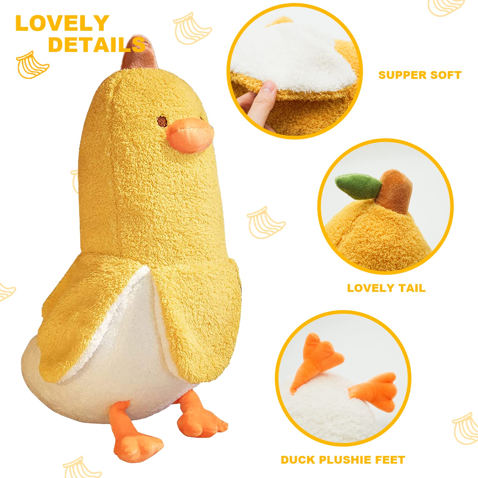 PEACH CAT Cute Banana Duck Stuffed Animal Long Banana Chef Duck Plush Pillow for Girls and Boys White 12"