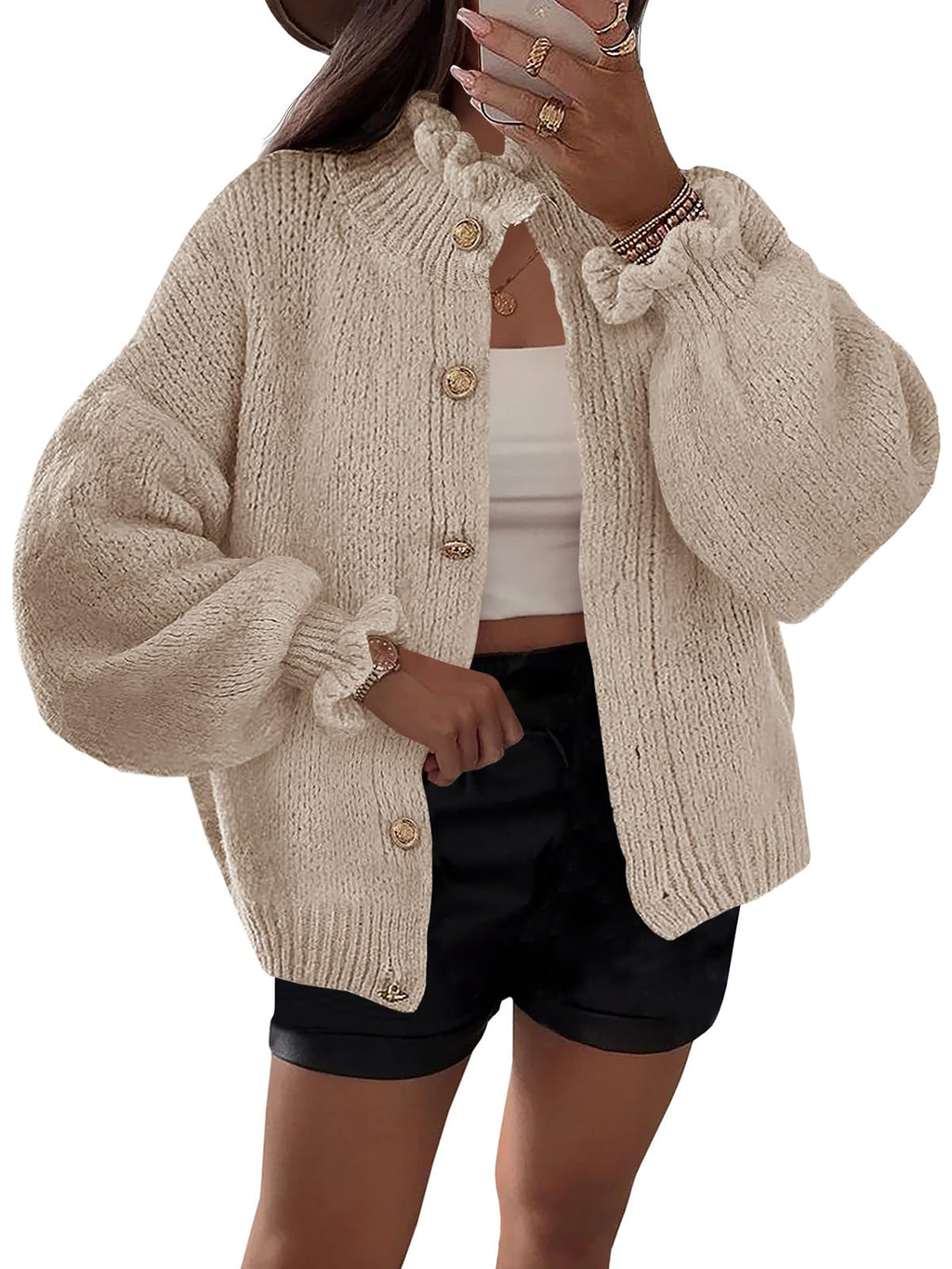 Saodimallsu Womens Ruffle Cardigan Oversized Button Up Fall Trendy Ribbed Knit Open Front Long Sleeve Loose Cute Sweater