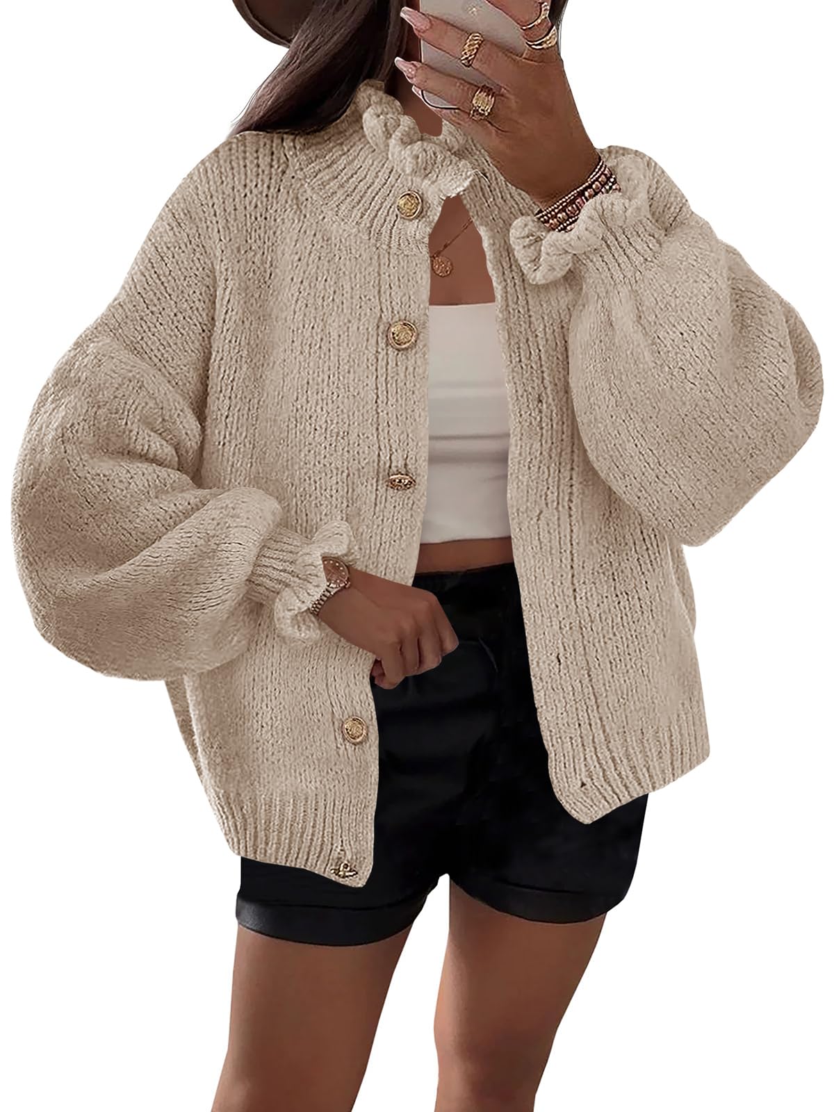 Saodimallsu Womens Ruffle Cardigan Oversized Button Up Fall Trendy Ribbed Knit Open Front Long Sleeve Loose Cute Sweater