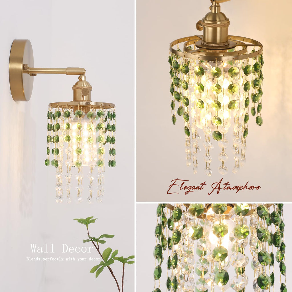 Shenmoyl Set of 2 Crystal Battery Operated Wall Sconce, Rechargeable Battery Powered Wall Lamp with Remote Control, Modern Dimmable Wall Lights for Bedroom Bathroom(Green, Gold Base)