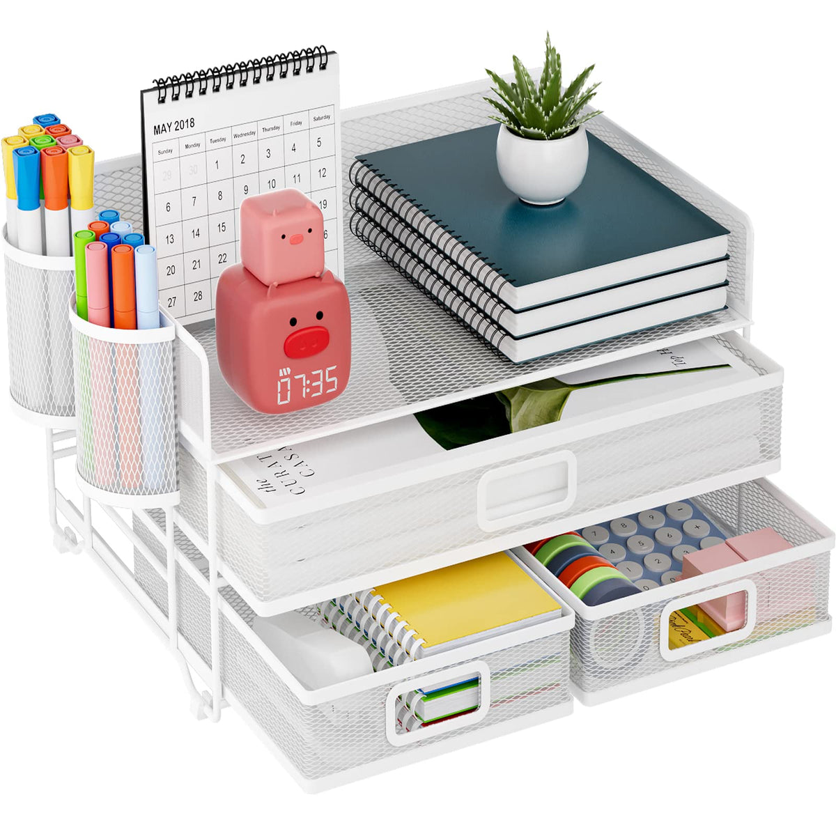 Marbrasse 3 Tier Mesh Desk Organizer with Drawer, Multi-Functional Desk Organizers and Accessories, Paper Letter Organizer with 2 Pen Holder for Home Office Supplies (Black)