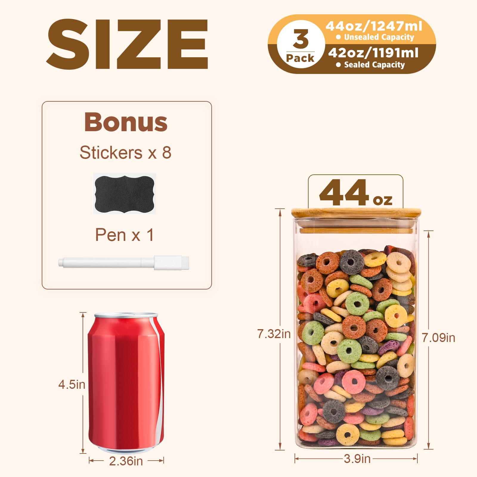 SHOWIN 73oz Glass Pasta Storage Jars, Tall Glass Jars with Bamboo Lids, Spaghetti Container, Set of 3, Kitchen Storage Containers for Pasta, Pantry Organizers