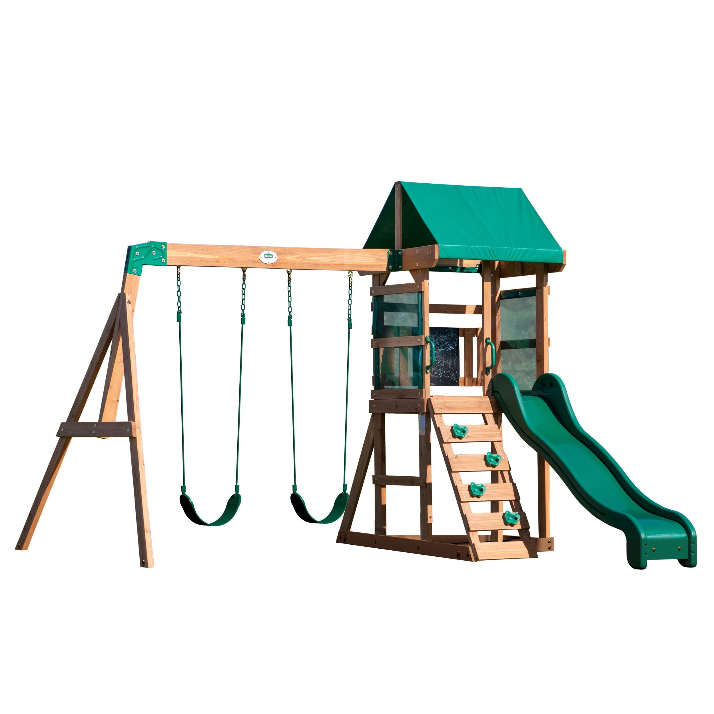Backyard Discovery Bay Pointe Cedar Wood Swing Set with Wave Slide, Play Deck, Rock Wall Ladder, Belt Swings, Chalkboard, Canopy Roof, Outdoor Playset