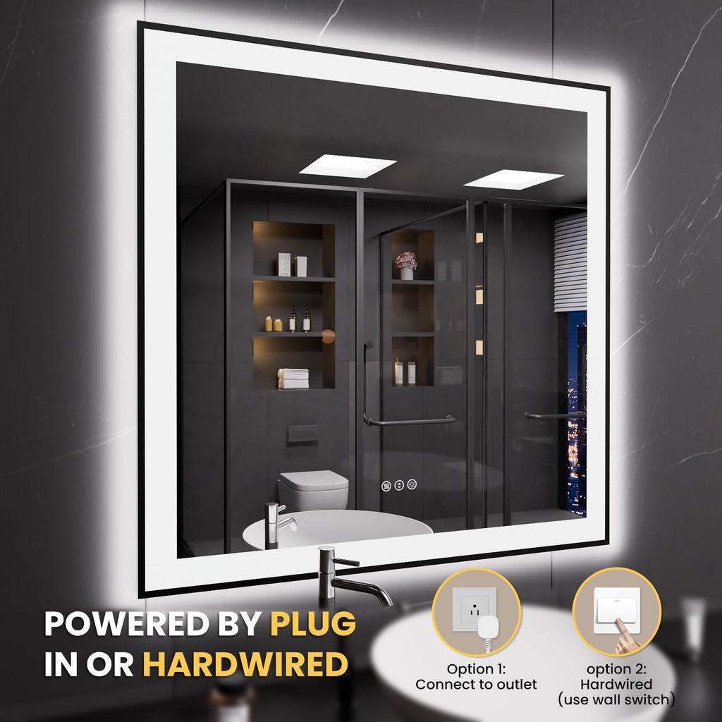 LOAAO 20"X28" LED Bathroom Mirror Black Framed | Anti-Fog, Dimmable, Memory Function, Tempered Glass, Lighted Vanity Mirror for Wall