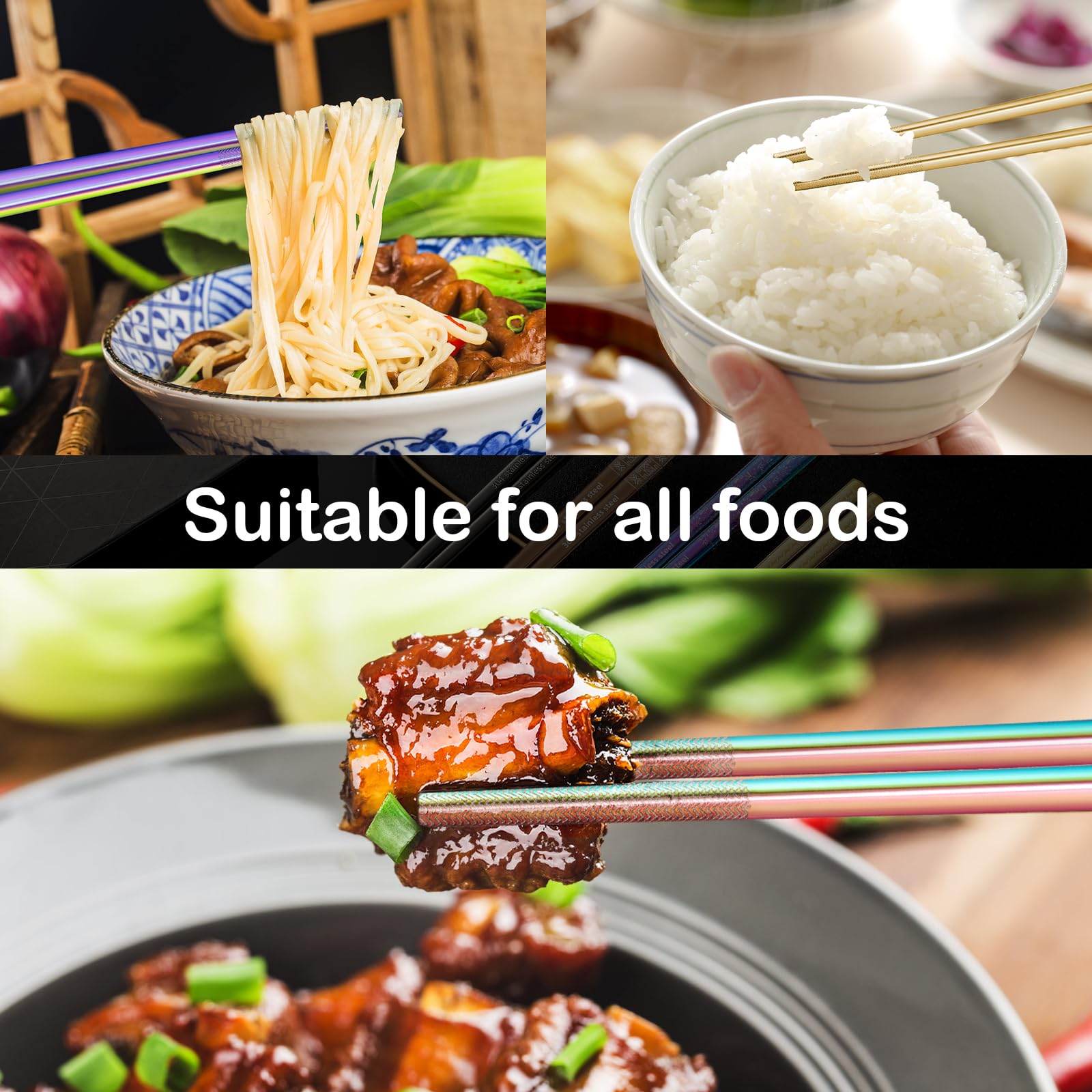8 Pairs Metal Chopsticks Reusable Black Stainless Steel Chopsticks Set Laser Engraved Non-slip Japanese Korean Chinese Chopstick for Cooking Eating Dishwasher Safe 9.25" Chop Sticks Gift Set