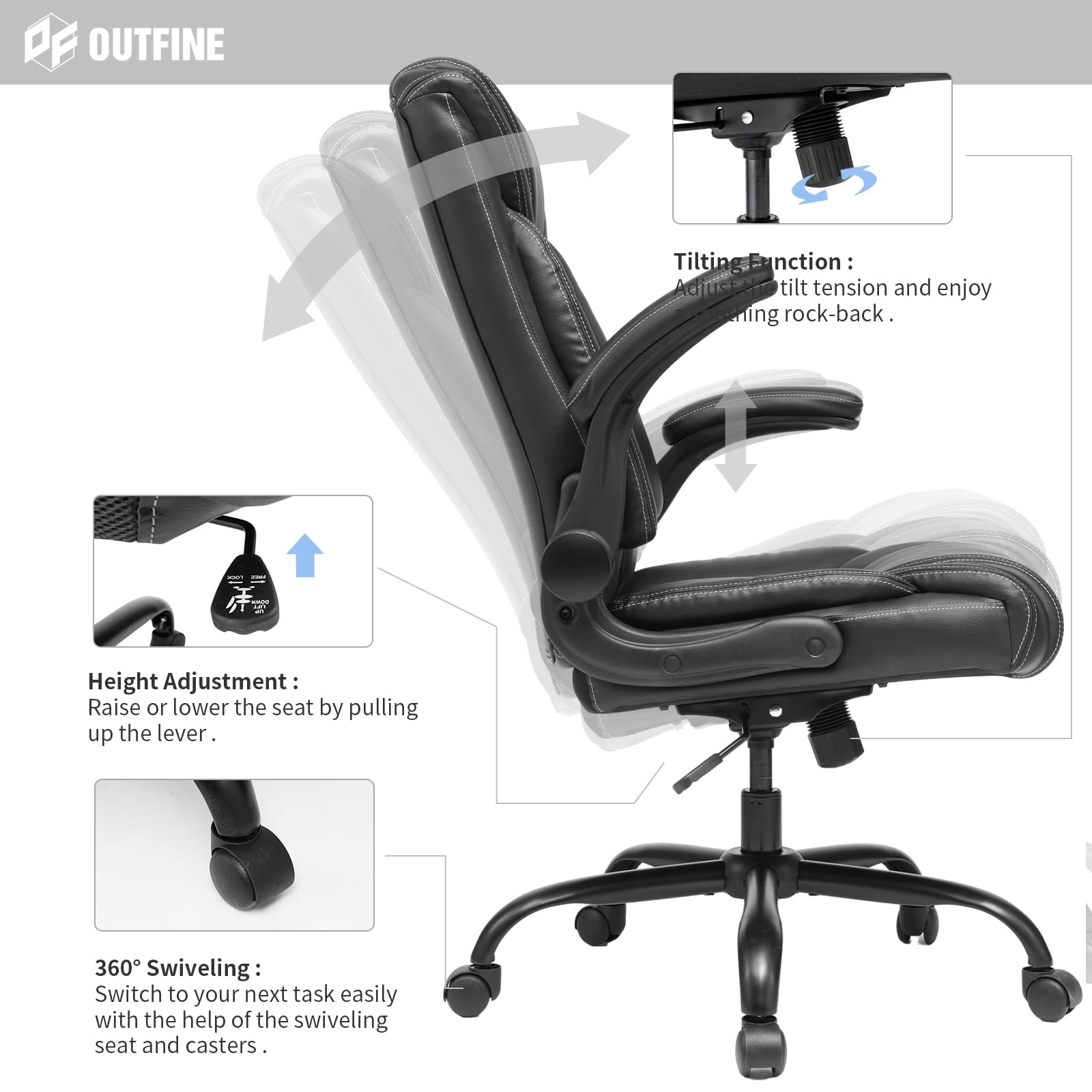 OUTFINE Office Chair Executive Office Chair Desk Chair Computer Chair with 5-Year hydrolysis-Resistant Leather Spring Cushion Ergonomic Support Tilting Function Upholstered in Bonded Leather Black