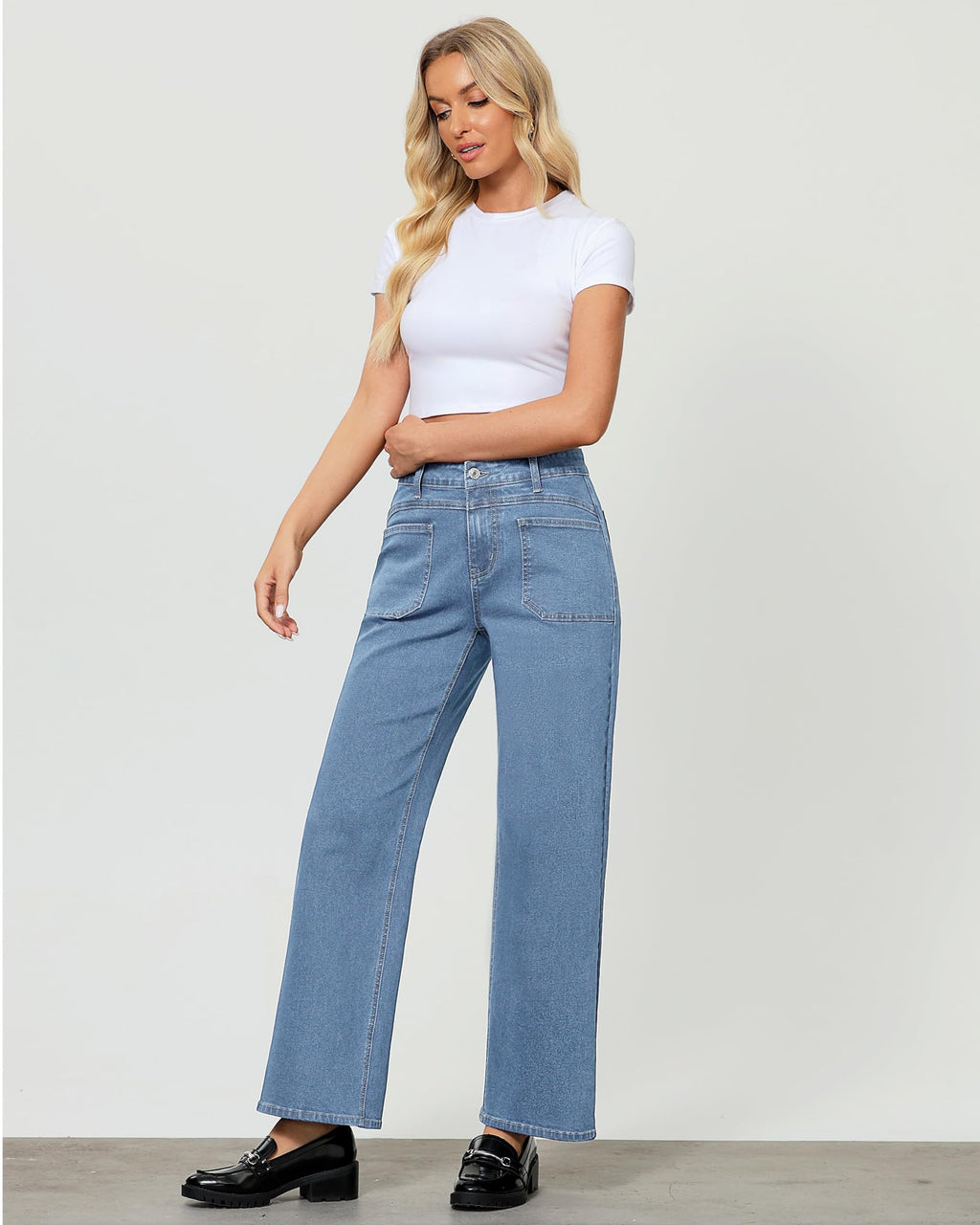 GRAPENT Wide Leg Jeans for Women Trendy High Waisted Loose Straight Leg Stretchy Retro Denim Pants with Pouch Pockets