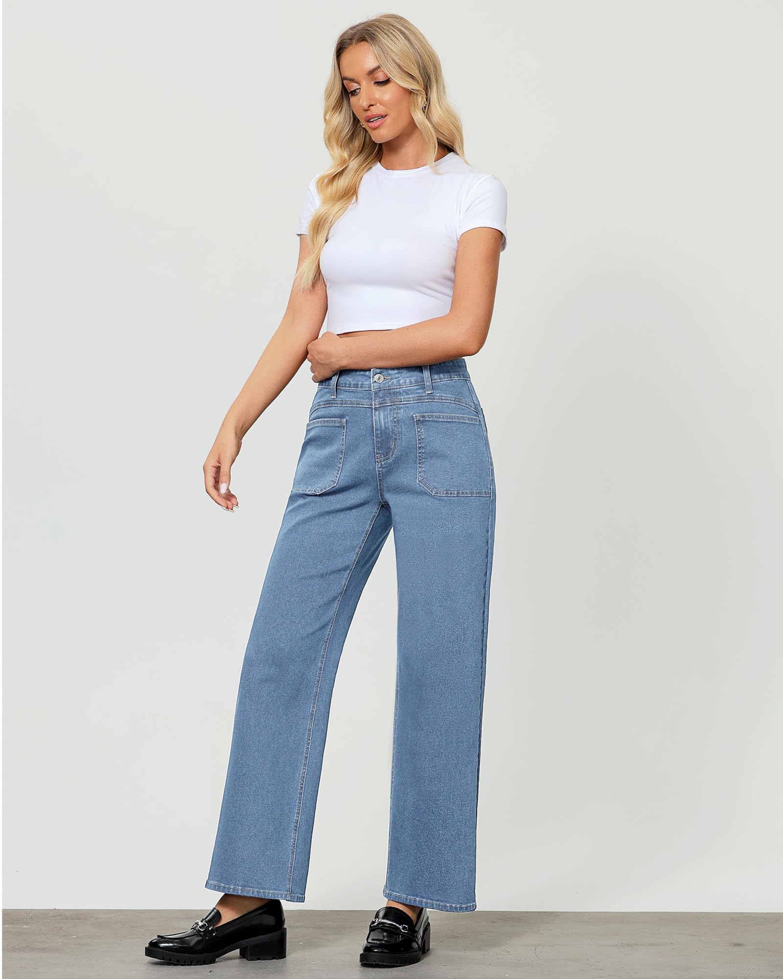 GRAPENT Wide Leg Jeans for Women Trendy High Waisted Loose Straight Leg Stretchy Retro Denim Pants with Pouch Pockets