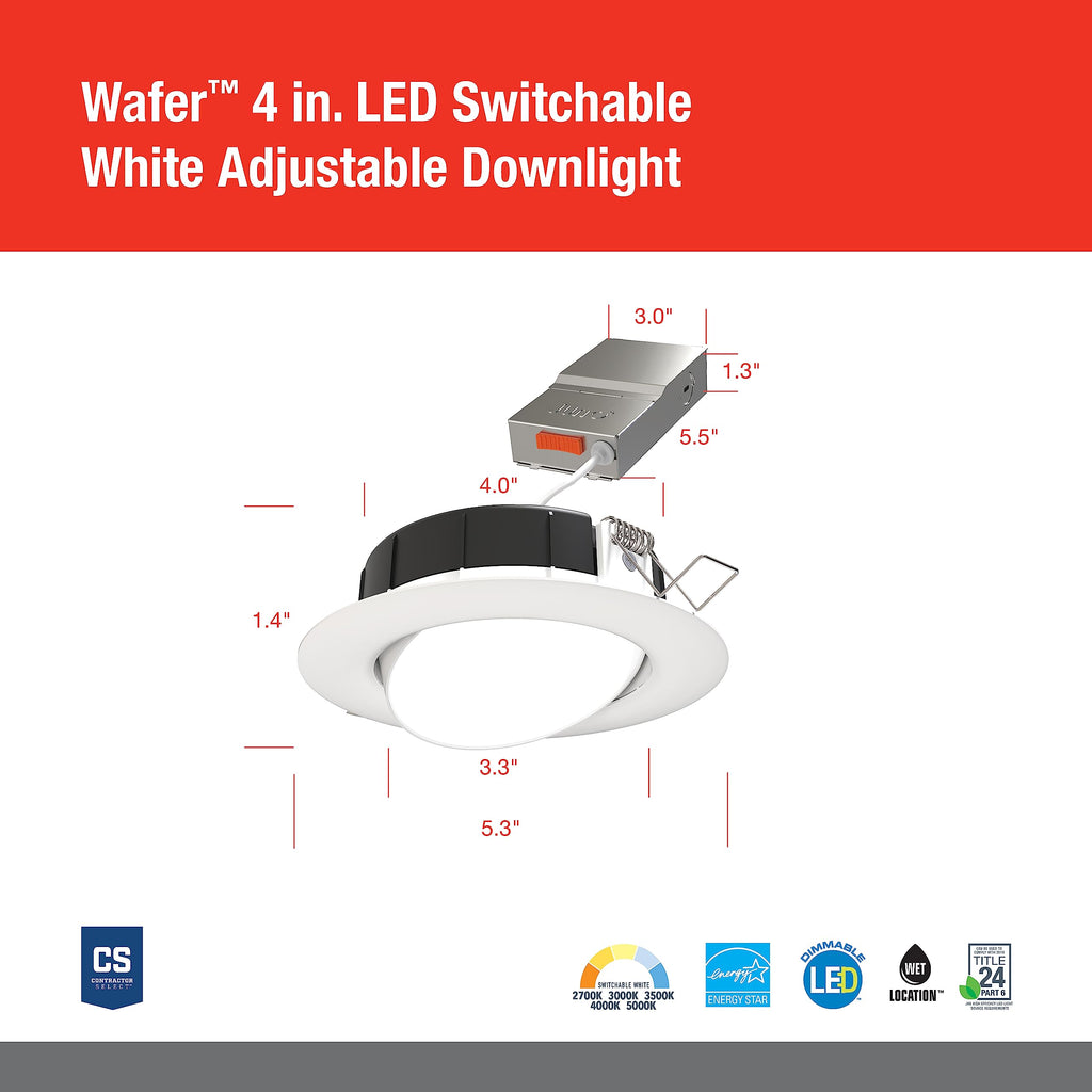 Juno LED Shower Light, Adjustable 4 Inch Wafer Downlight, Switchable Color Temperature 2700K/3000K/3500K/4000K/5000K, 90+ CRI, Matte White, 4-Inch