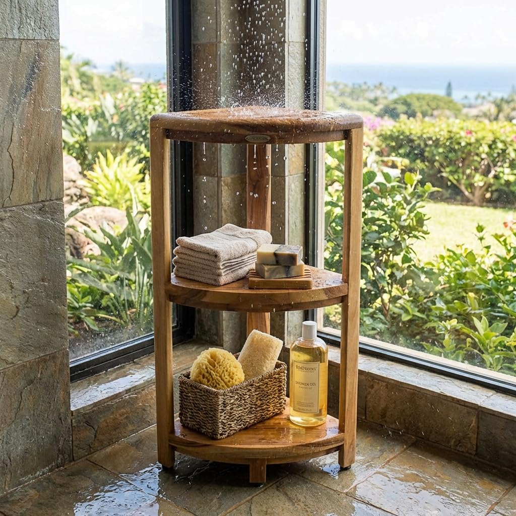 DecoTeak Teak Corner Shower Shelf – 2 Tier Waterproof Bathroom Storage Organizer Compact Wood Storage | Water-Resistant Design | Space Saver for Showers & Small Bathrooms | Shaving Foot Rest