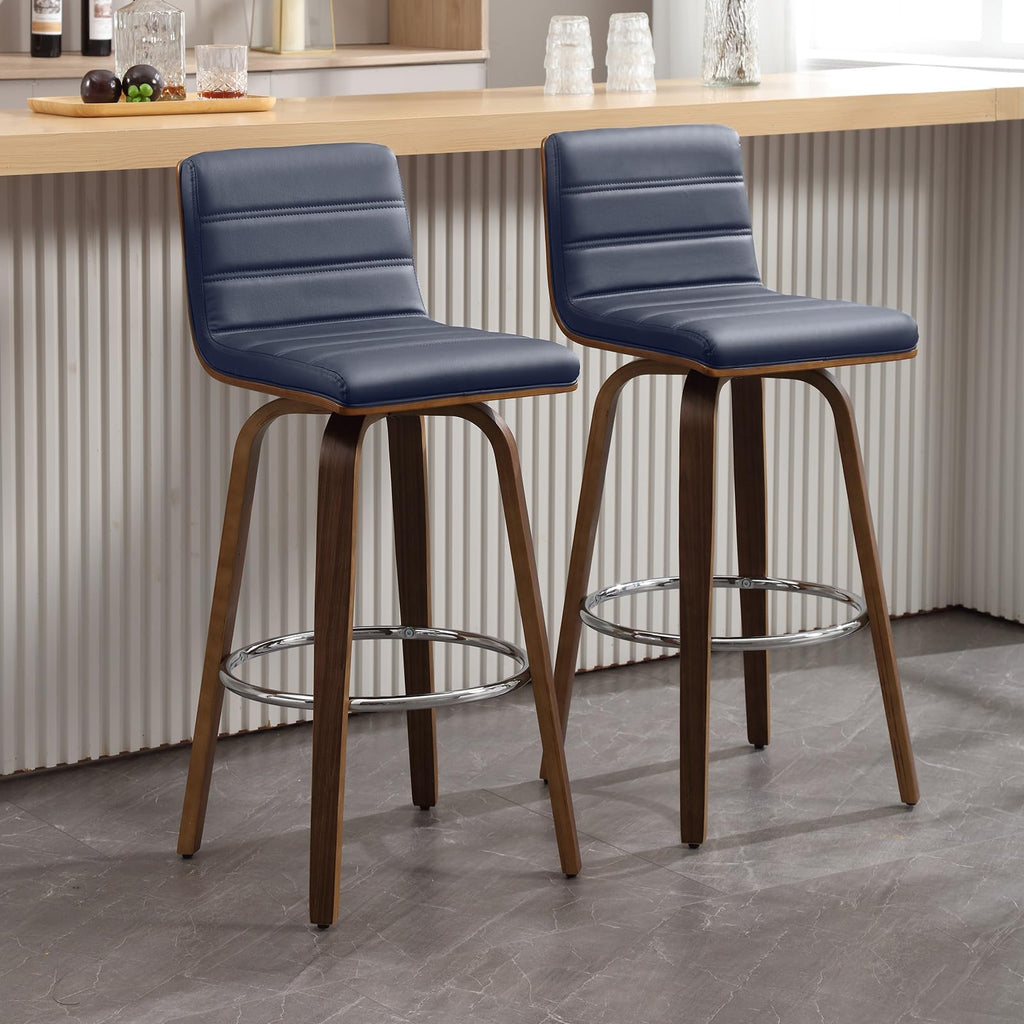 Bar Stools 29 Inch Bar Height, Swivel Bar Stools with Backs Upholstered PU Leather Barstool, L Shape Back and Padded Seat, Mid-Century Modern Bar Stool Pub Chairs for Kitchen Counter Island, Black