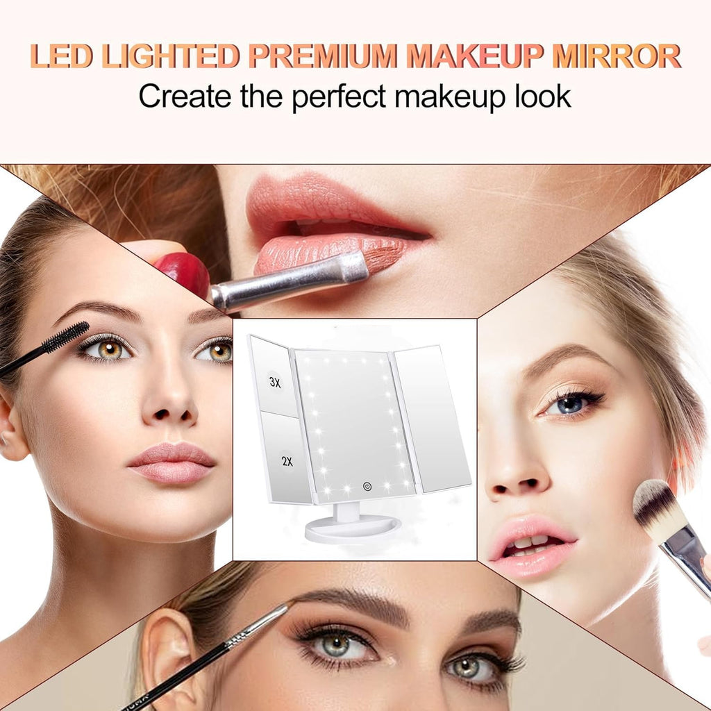 Flymiro Tri-fold Lighted Vanity Makeup Mirror with 3x/2x Magnification,Light up Mirror for Makeup,Touch Screen 21 LEDs,180° Rotation Countertop Cosmetic Mirror,Gifts for Women Mom Teen Girls
