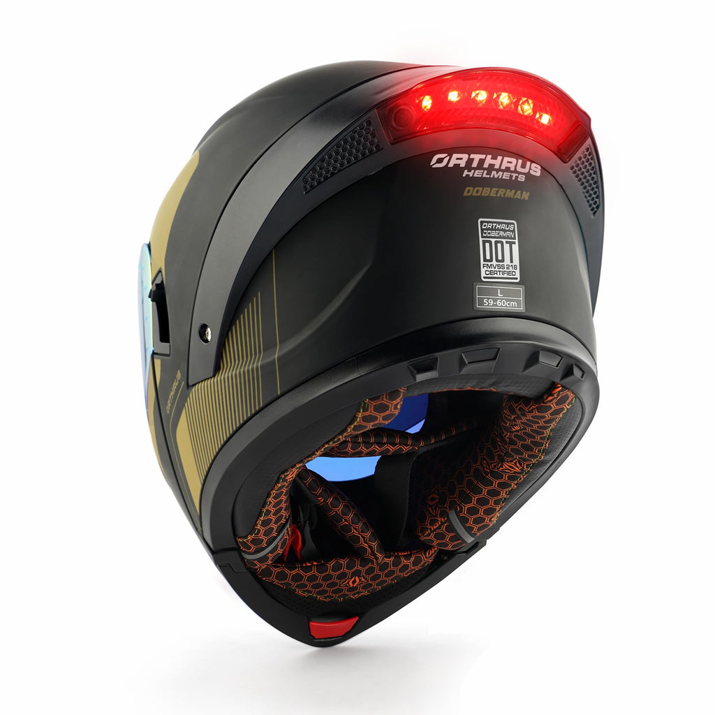 Orthrus Modular LED Full Face Motorcycle Helmet - DOT Approved Flip-Up Dual Visor Sun Shield & Bluetooth Ready for Adults Men Women - Street Bike/Motocross (Dobermann Gold, S)