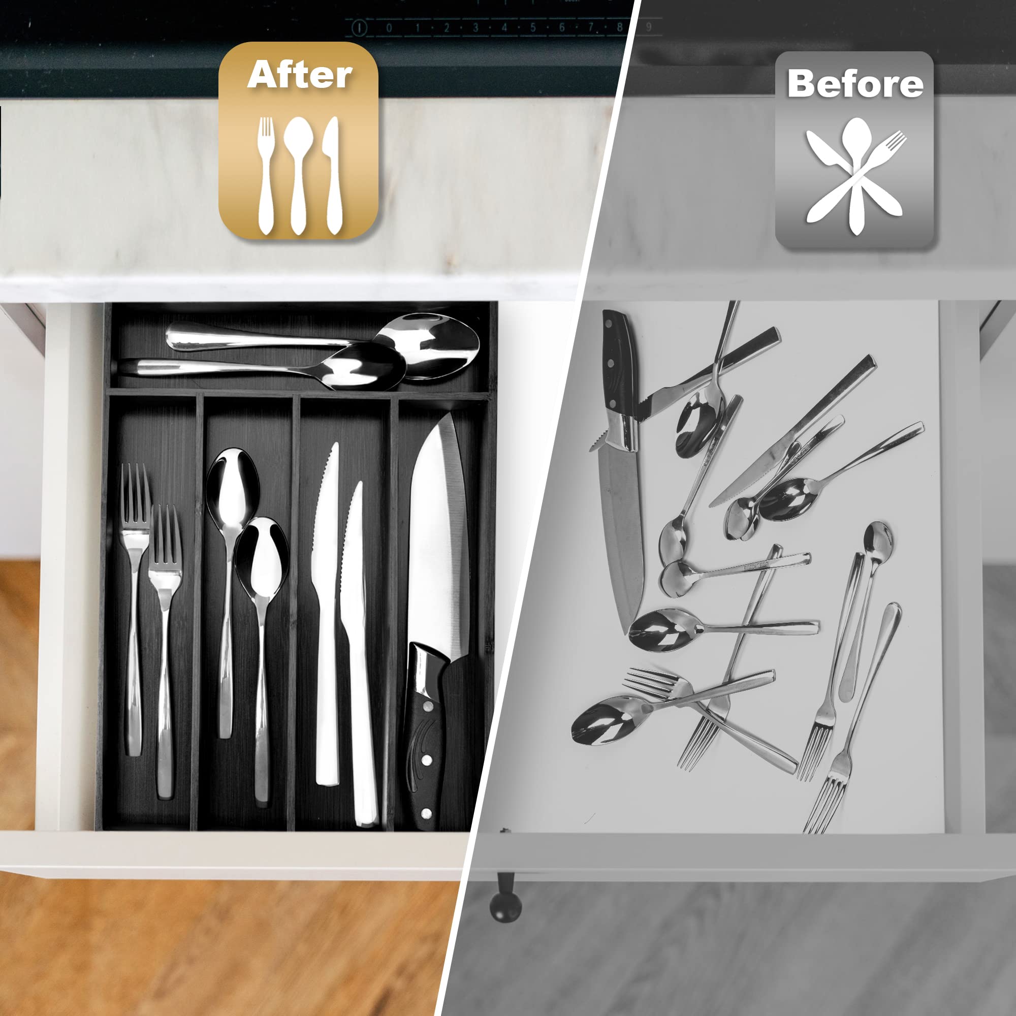 Acacia 4 Slot Silverware Drawer Organizer - Cutlery Holder with Flatware Tray