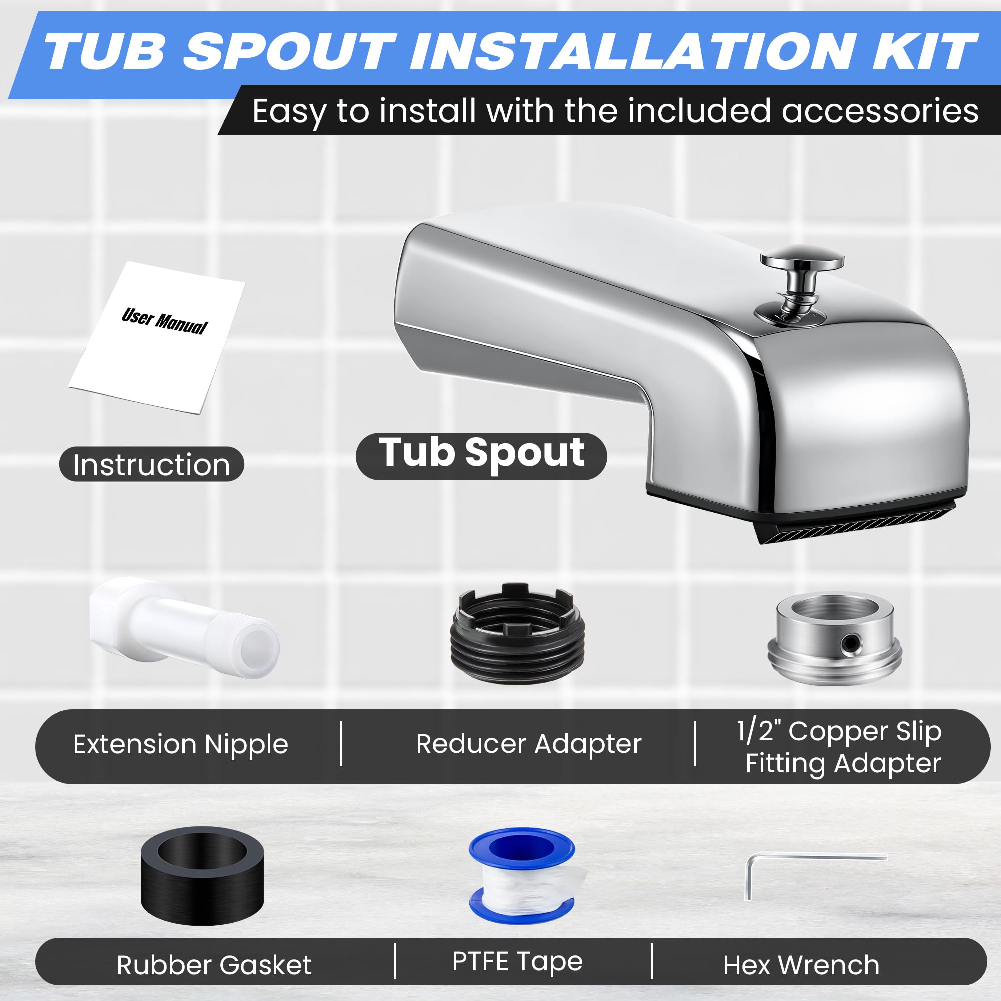 Dreyoo Tub Spout (Universal Fits 1/2" Copper Pipe, 1/2" IPS and 3/4" IPS), Bathroom Bathtub Faucet with Adapters and Hex Wrench(Brushed Nickel,Simple)