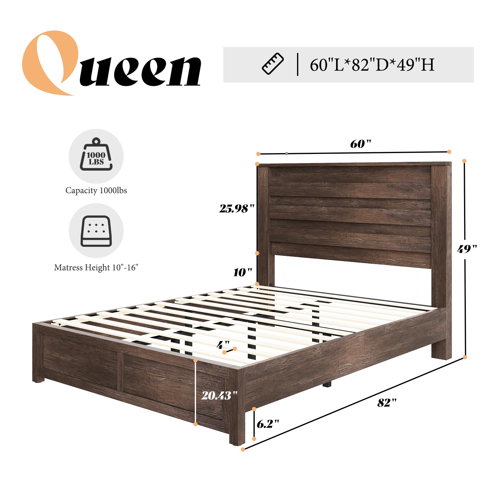 AMERLIFE Farmhouse Full Size Bed Frame with 49" Fluted Headboard, Wood Platform Bed with Natural Grain, No Box Spring Needed/Noise Free, Black