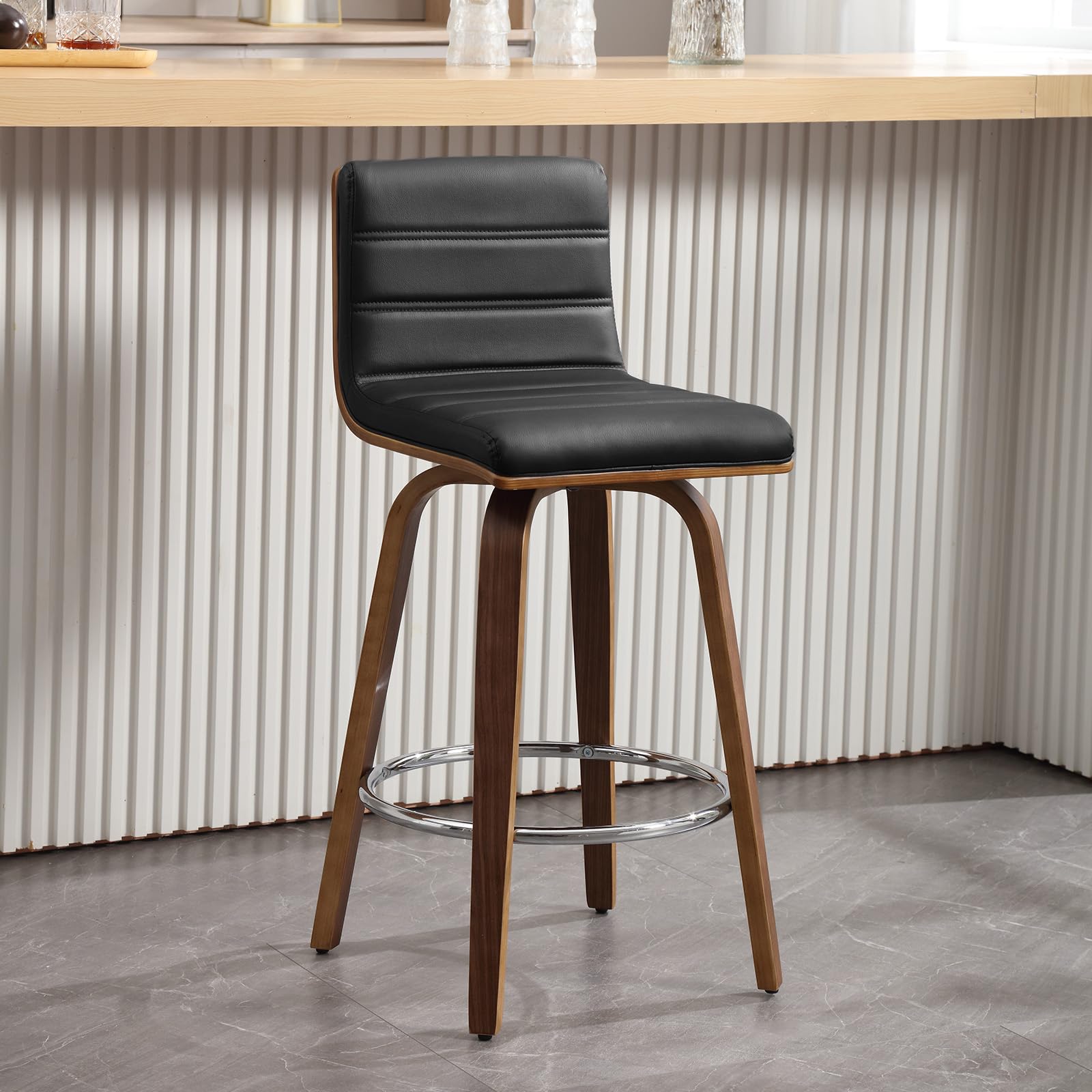 Bar Stools 29 Inch Bar Height, Swivel Bar Stools with Backs Upholstered PU Leather Barstool, L Shape Back and Padded Seat, Mid-Century Modern Bar Stool Pub Chairs for Kitchen Counter Island, Black