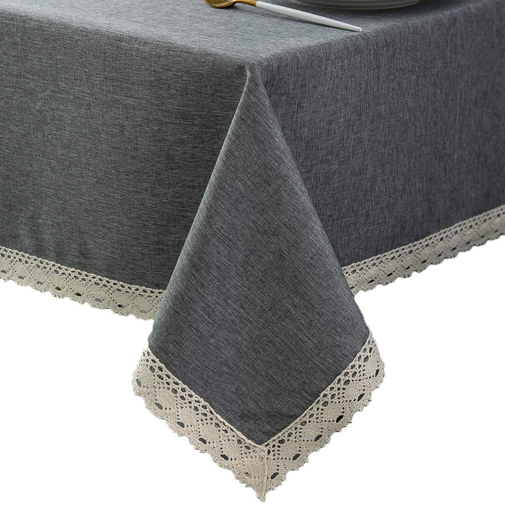 EHouseHome Faux Linen Tablecloth with Lace Trim - Waterproof/Spill Proof/Stain Resistant/Wrinkle Free/Oil Proof - for Banquet, Parties,Dinner,Kitchen,Wedding,Holiday,Blue Fog,Square 52X52Inch