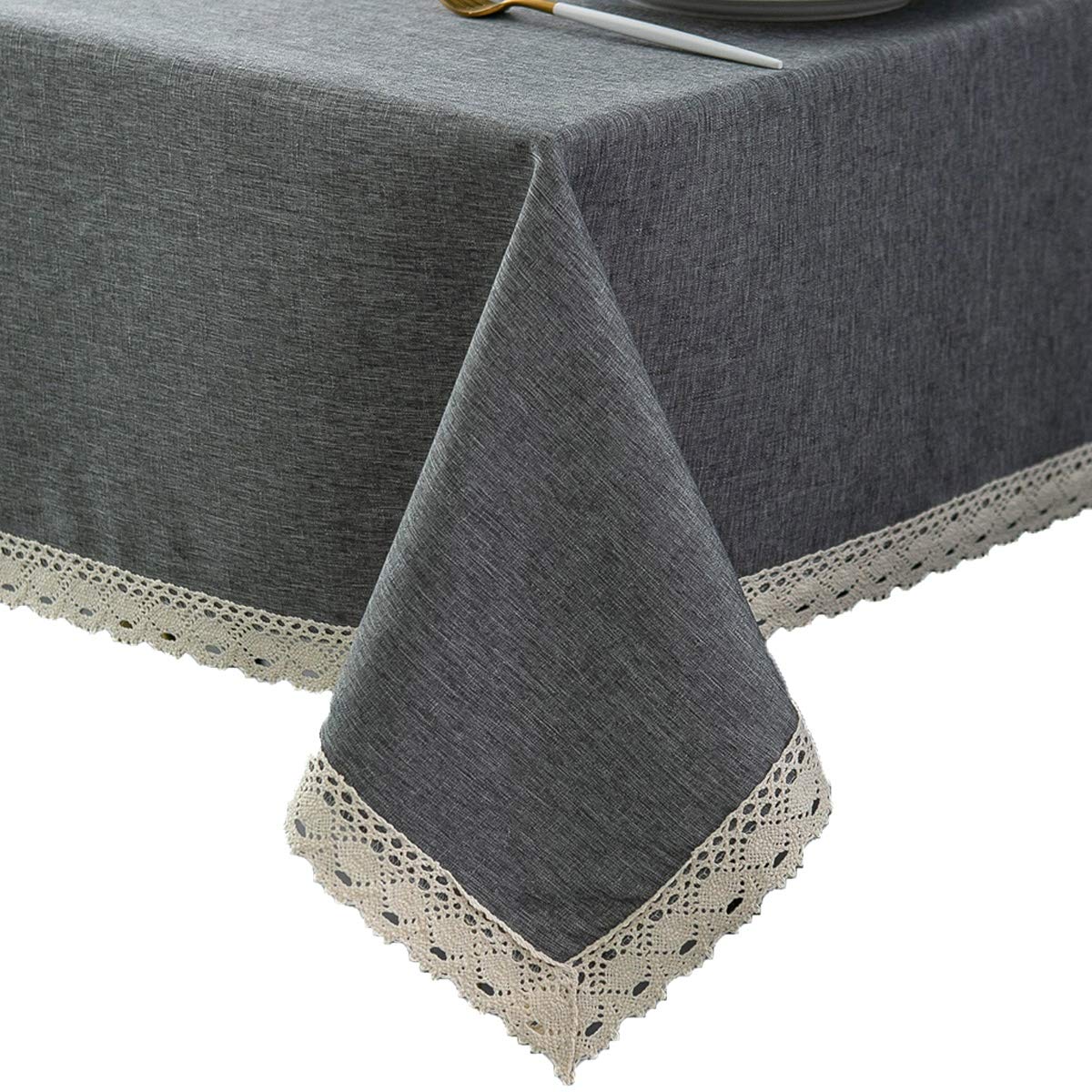 EHouseHome Faux Linen Tablecloth with Lace Trim - Waterproof/Spill Proof/Stain Resistant/Wrinkle Free/Oil Proof - for Banquet, Parties,Dinner,Kitchen,Wedding,Holiday,Blue Fog,Square 52X52Inch