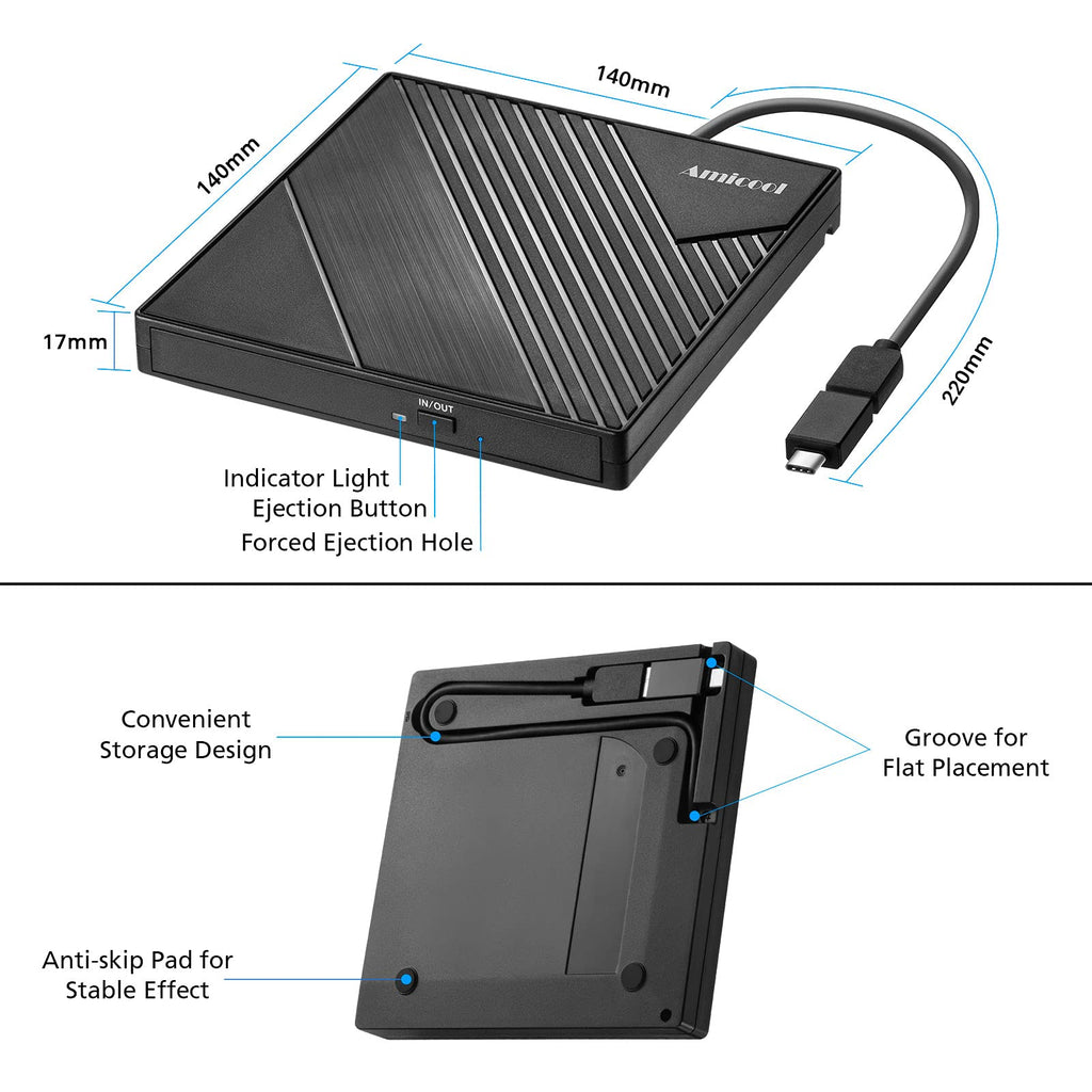 Amicool External USB-C USB 3.0 CD/DVD Drive Burner +/-RW, Ultra-Slim Portable DVD Player Writer Reader for Mac iMac MacBook, Windows 11/10/8 Linux, Laptop Desktop PC Computer Optical Drive