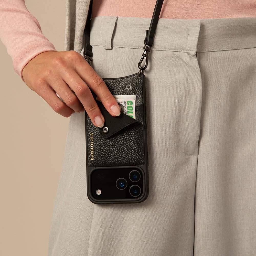 Bandolier Emma Crossbody Wallet Phone Case for iPhone 15 Pro Max. 100% Genuine Pebble Leather. Adjustable & Removable Crossbody Strap. Card Holder with Snap Closure. Black with Gold Hardware